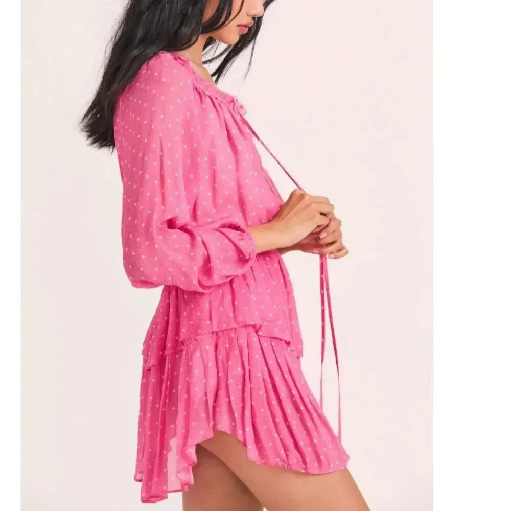 LoveShackFancy Popover Dress Hot Pink Cherry Size L Tiered Ruffle Mini Size L